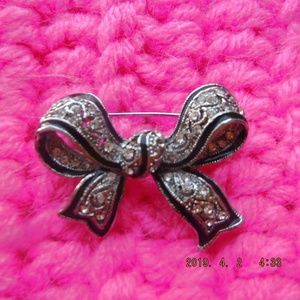 Clear Rhinestone & Black Enamel Bow Brooch